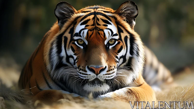 Regal tiger resting in shallow focus golden habitat portrait.