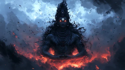 Mythic combustion deity amid turbulent chromatic stormfield.