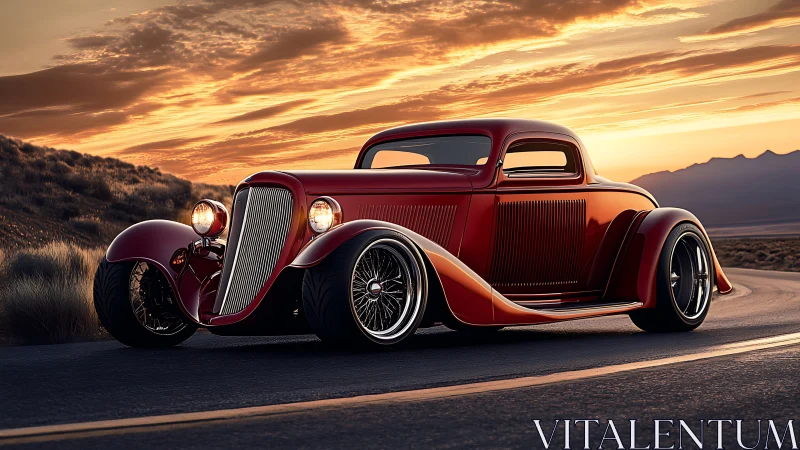 Custom candy-red hot rod coupe rendered in sunset backlight