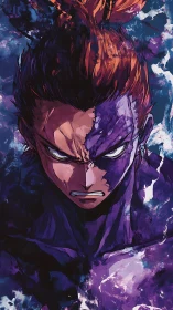 Dual-toned anime portrait of intense male character front view.