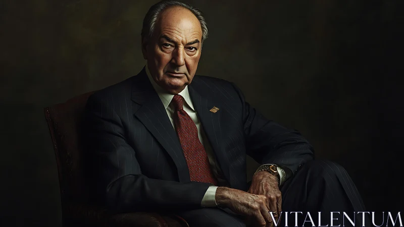 Steel-eyed elder in a dark suit throne of quiet authority.