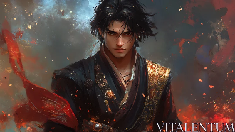 Martial fireborne warlord in ornate brocade amid embers.