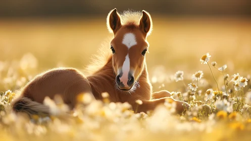 Gentle foal resting in soft golden light among wildflowers.