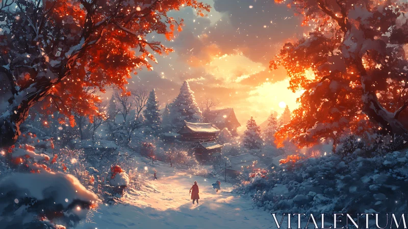Snowy temple path glows beneath a fiery winter sunset.