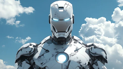 Armored white combat android stands vigilant beneath bright skies