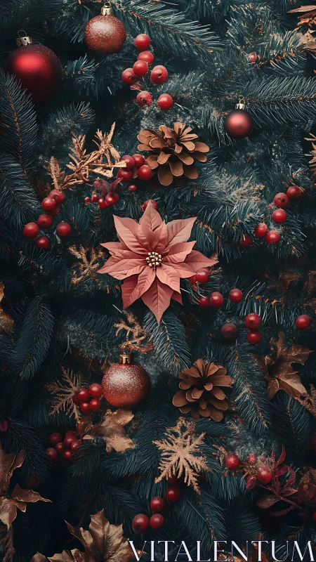 Christmas tree closeup with red baubles and pine cones.