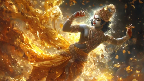 Divine figure dancing in swirling golden luminous fire