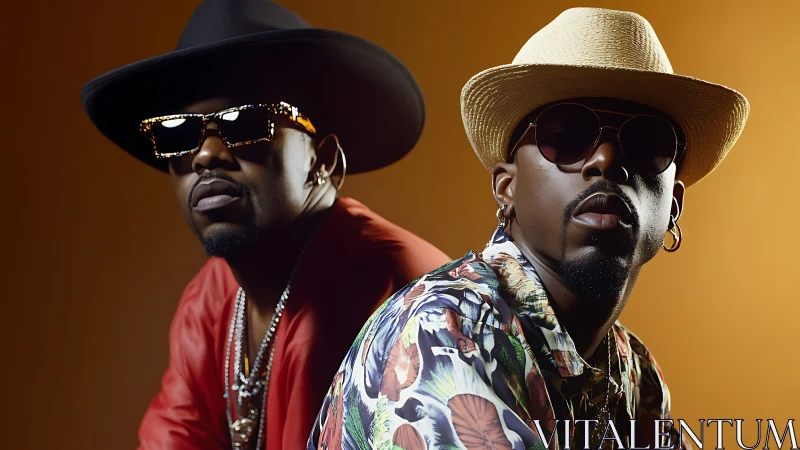 Two men in hats and sunglasses against warm backdrop.