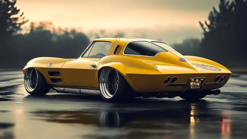Golden classic muscle car glowing on a rainy runway at dusk.