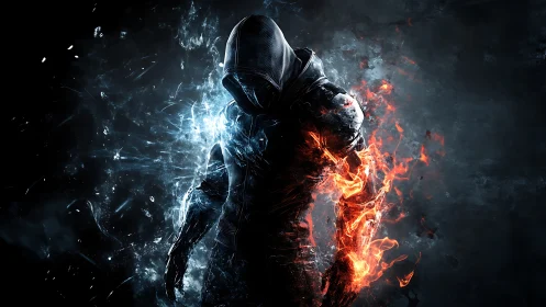 Hooded elemental warrior stands between ice and blazing fire