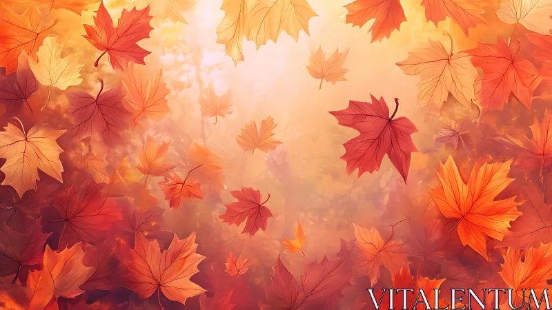 Sun-drenched maple leaves swirling through autumn light.