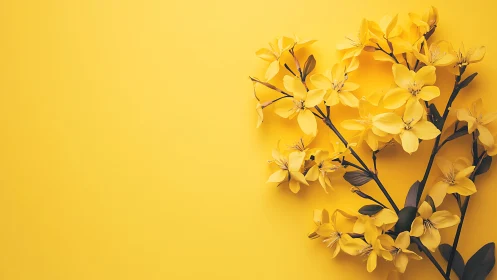 Yellow Forsythia Branches with Delicate Petals Against Monochromatic Gradient Background.