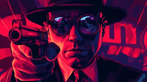Neon-lit noir hitman aims a pistol in bold red shadows.