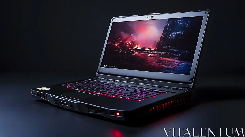 Photorealistic gaming laptop with RGB backlight on dark set.