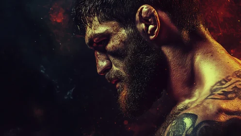 Bloodied fighter profile under molten ember light.