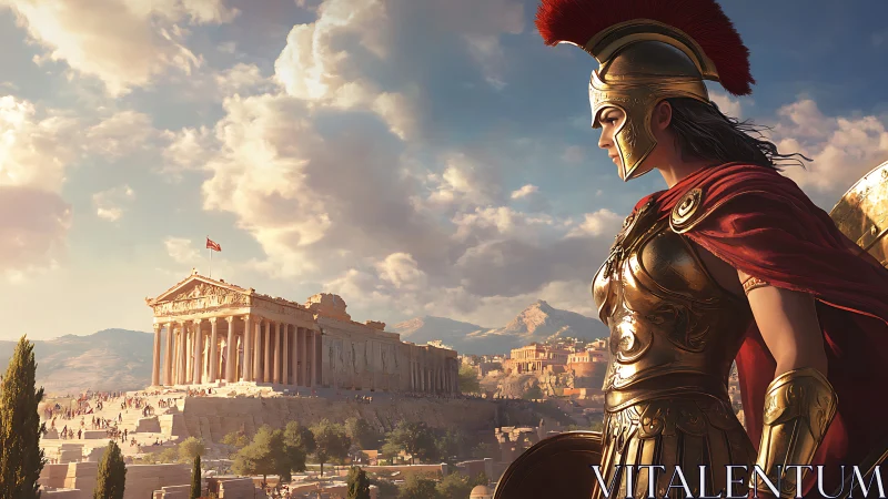 Armored hoplite sentinel overlooking classical Athens skyline.