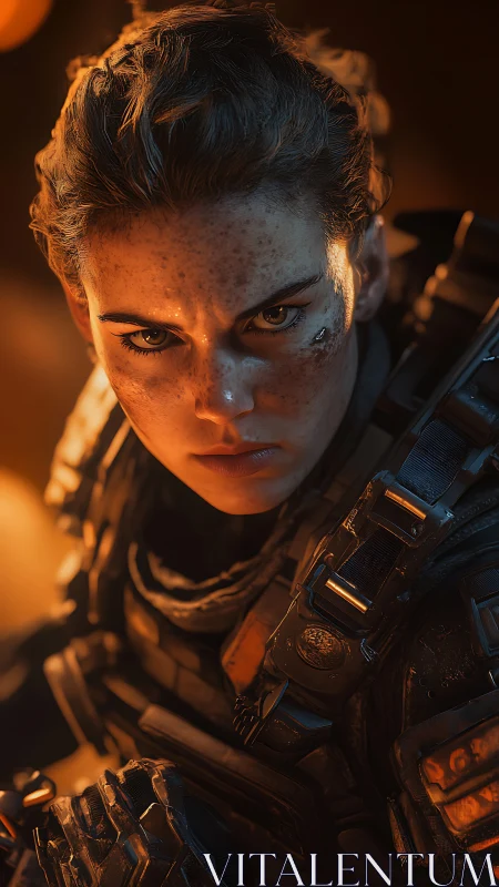 Battle-scarred space ranger locks eyes with molten resolve.