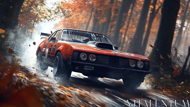 Classic red rally car drifts through wet autumn forest road