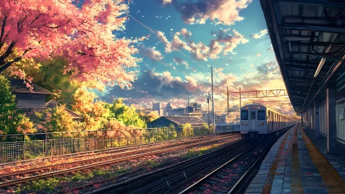 Urban rail platform under spring foliage at sunset.