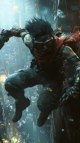 Neon updraft hurls the masked runner across the skywall