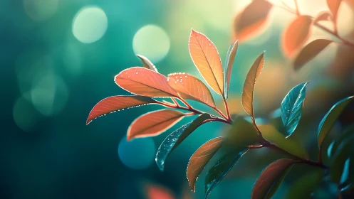 Backlit leaves with dew against soft teal bokeh background.