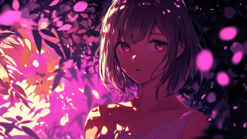 Backlit anime portrait uses neon bokeh and high-contrast foliage