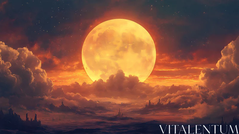 Colossal ember moon rising above a dreaming cloud kingdom.