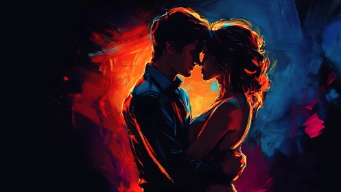 Neon Silhouette Couple Embracing in Fiery Luminescence.