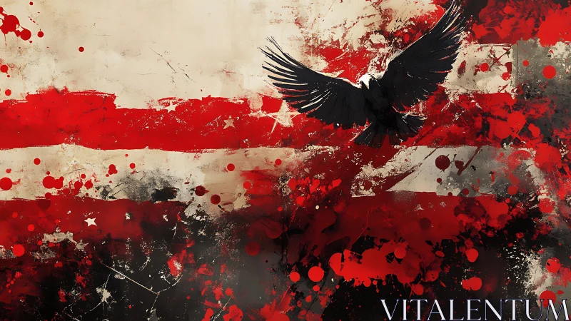 Soaring black eagle over splattered crimson stripes storming.