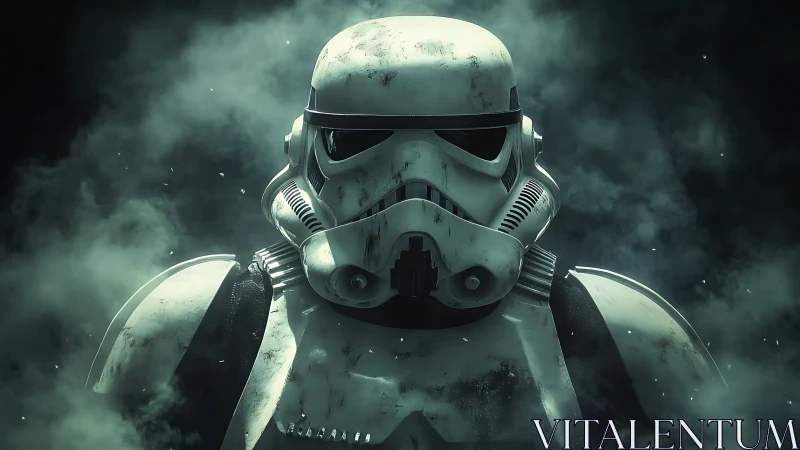 Armored sci-fi soldier helmet emerges through drifting smoke