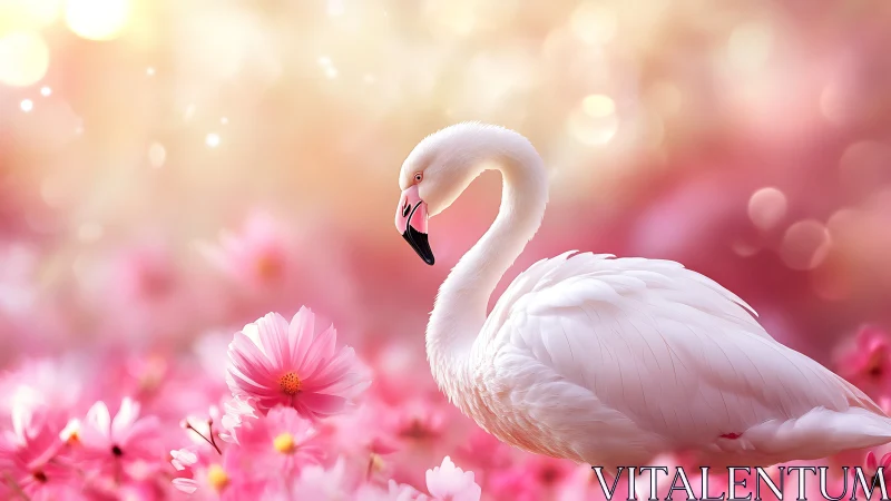 Soft flamingo drifts through a dream of blushing cosmos blooms