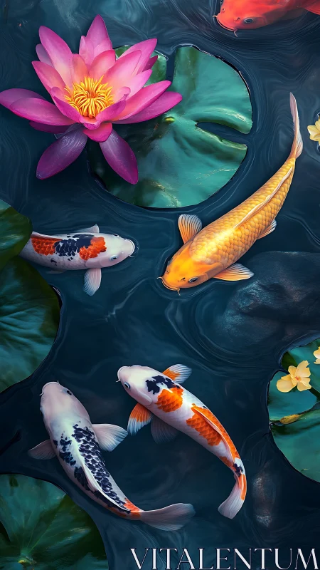 Golden koi glide beneath lotus blooms in tranquil water.