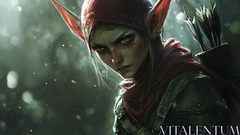 Brooding elven ranger in bloodstained hooded armor portrait.