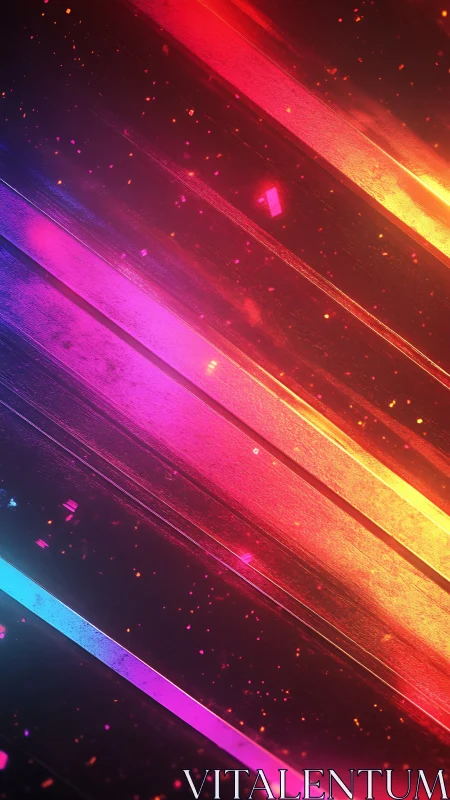 Diagonal multicolor light streaks with glowing particle field.