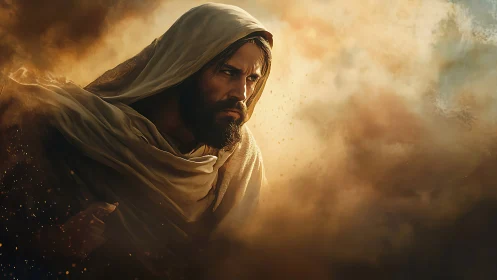 Hooded robed figure strides through dust-laden, backlit haze field