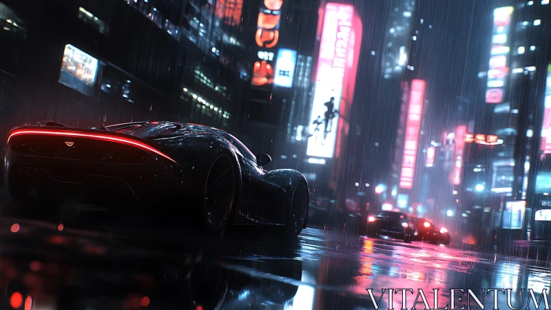 Neon rain pursuit with a sleek midnight hypercar prowl.