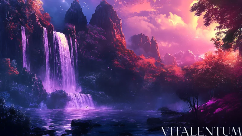 Enchanted violet waterfalls glow beneath a burning sky.