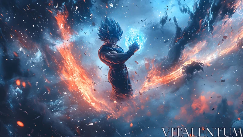 Celestial warrior channeling blue plasma amidst fiery vortex