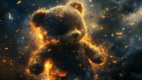Photorealistic teddy bear engulfed in cinematic embers and smoke.
