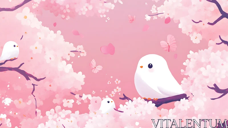 Small white birds sit on branches amid pink blossoms