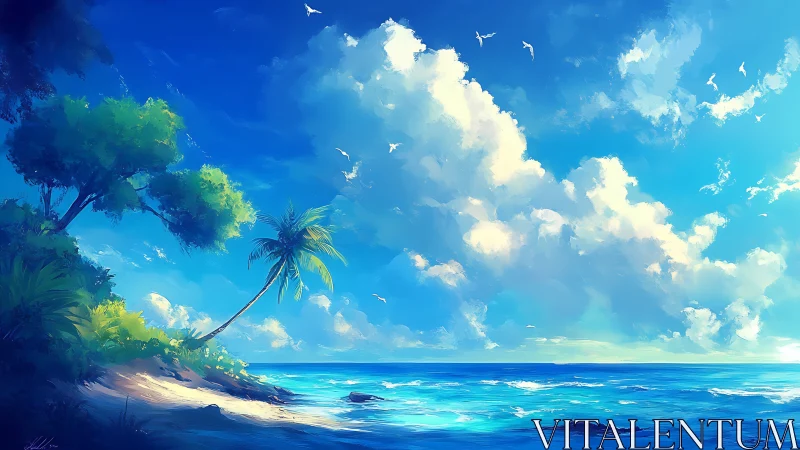 Tropical Coastal Paradise: Digital Landscape with Azure Ocean.