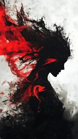 Silhouette goddess erupts through crimson smoke plumes.