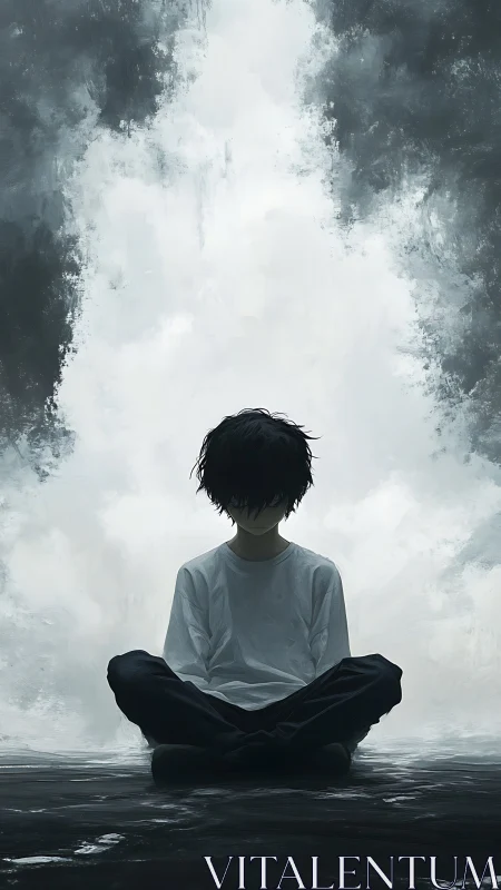 Solitary boy sits in shadowed mist, lost in quiet reflection