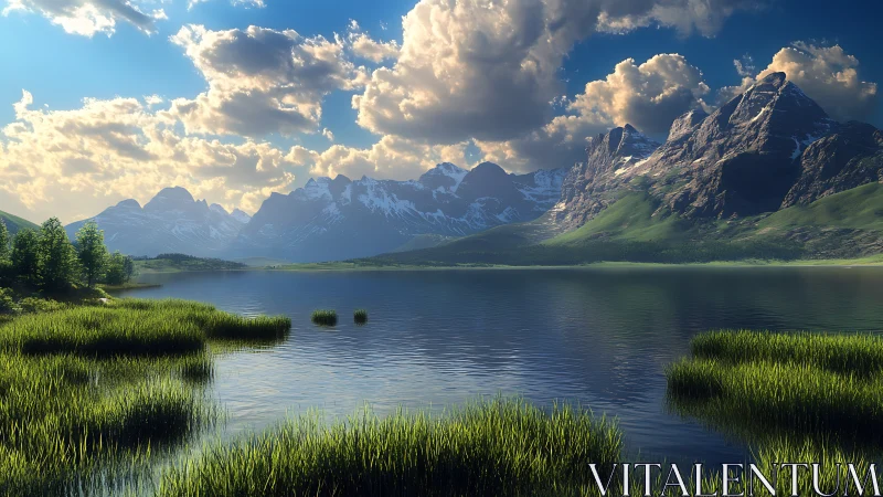 Mountain lake with grassy shoreline under clouded sky.