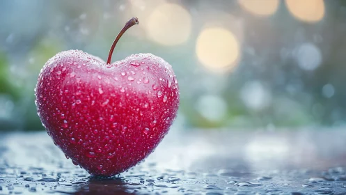 Water droplets on red heart shaped fruit in soft light.