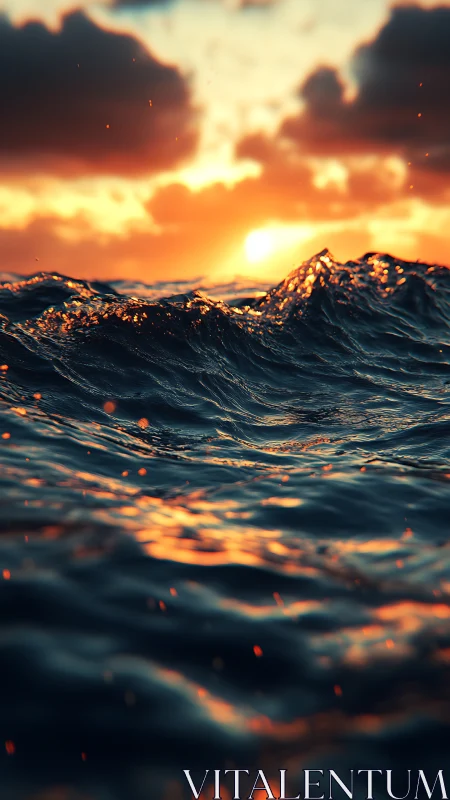 Sunlit ocean waves catch blazing emberlike reflections.