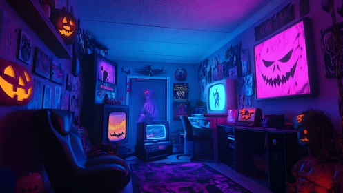 Neon Halloween gamer den with glowing jack o lantern screens