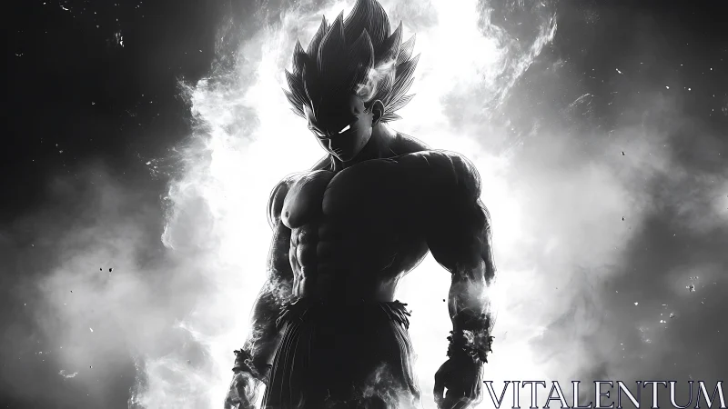 Dark anime warrior emerges from blazing white energy storm.