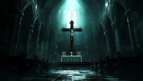 Gothic crucifix altar under dramatic cathedral backlighting.