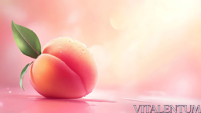 Luminous dewy peach resting on soft pastel surface.